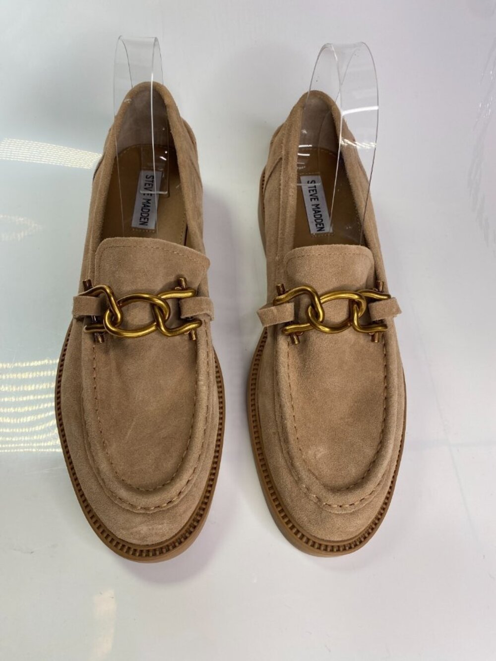 Steve Madden Karmine Gleaming Tan Suede Goldtone Hardware Loafer sz 11